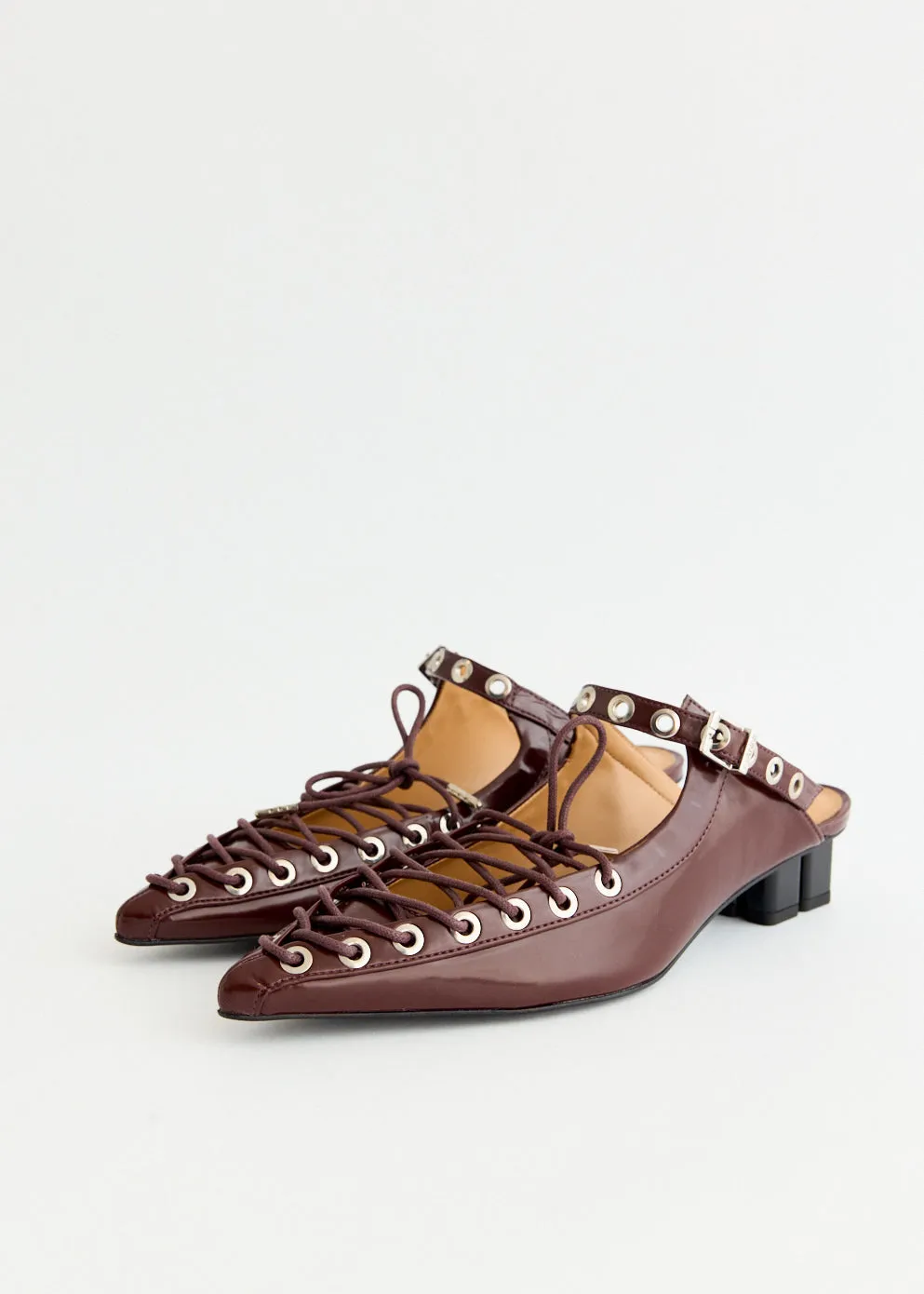 Flower Step Oleatex Eyelets Lace Up Mules