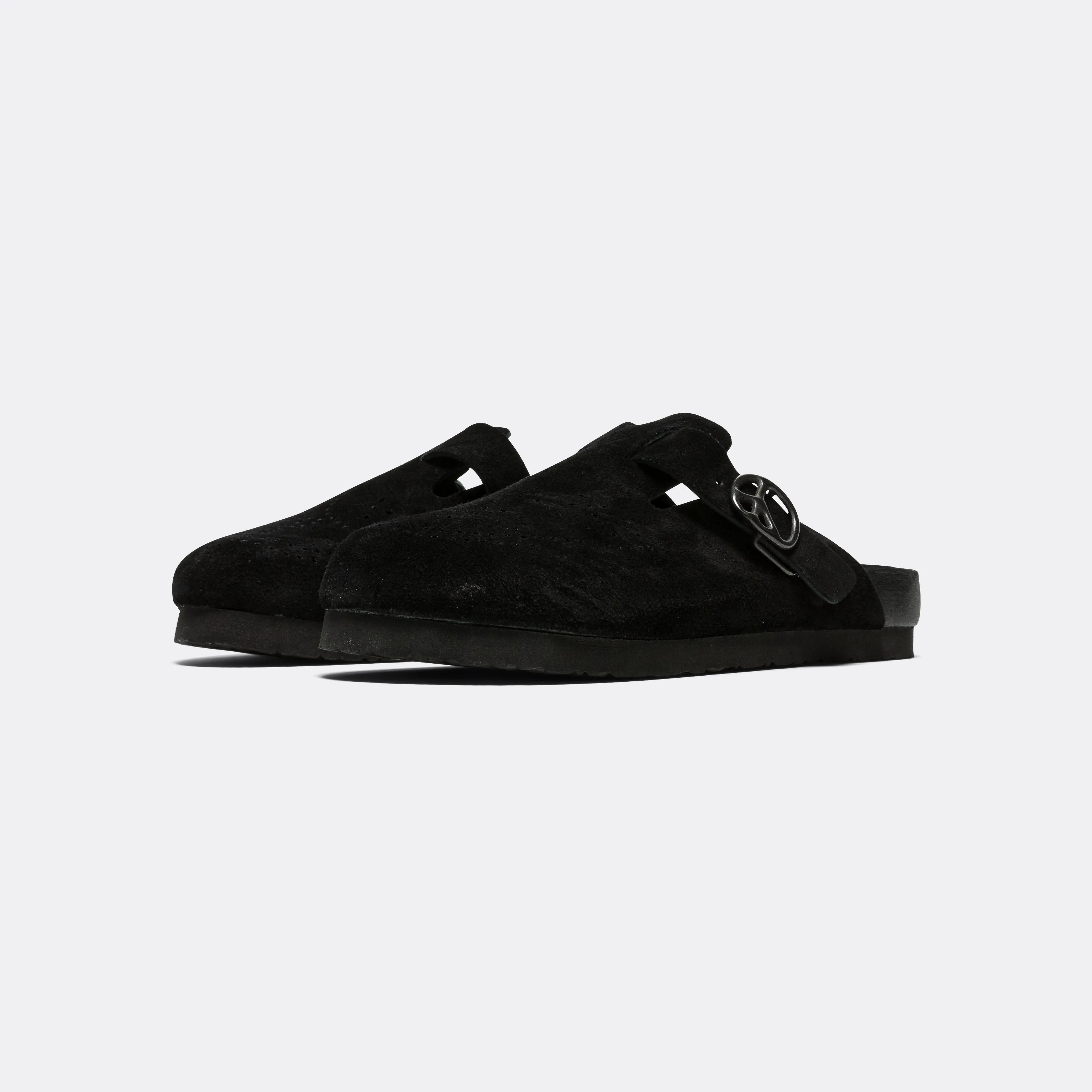 Block Heel Comfortable Casual Shoes Clog Sandal - Black Suede Leather