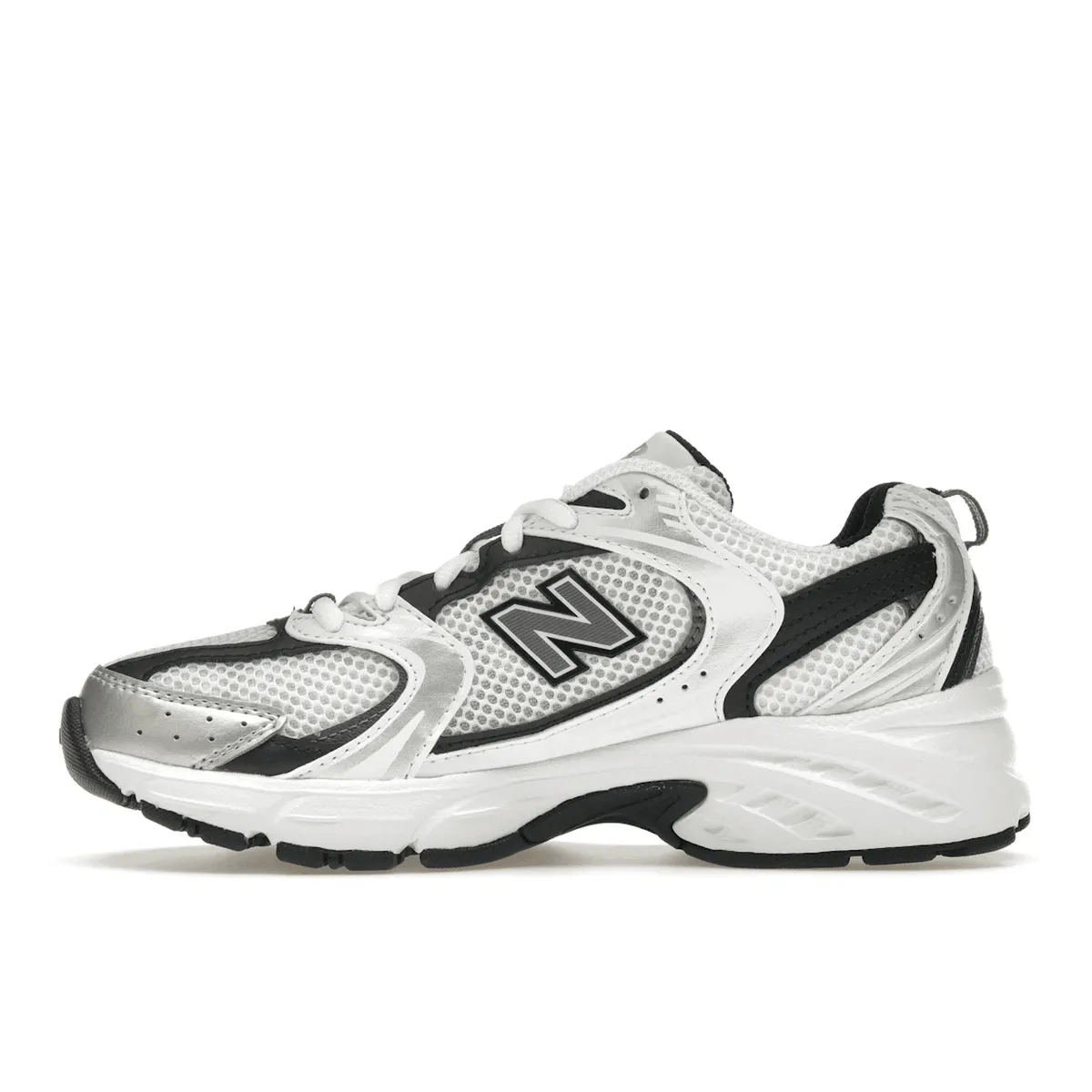 New Balance 530 White Silver Metallic Black Grip Tread Pattern Sleek Look