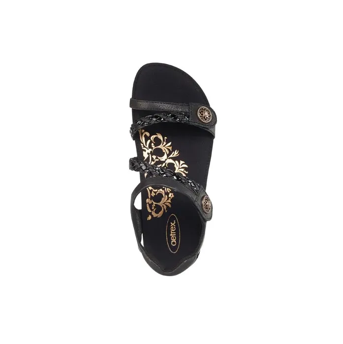 Womens Aetrex Jillian Braided Quarter Strap Sandal Black Open Toe Design