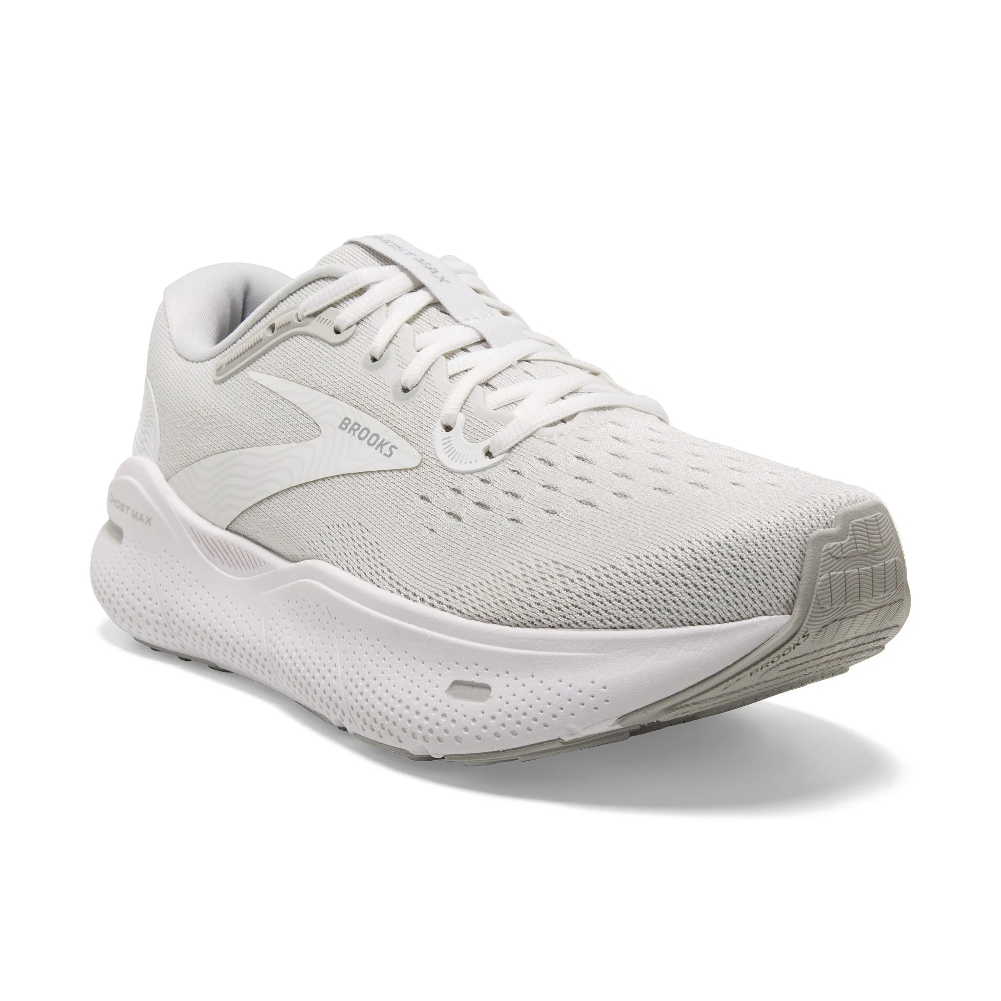 Men's Ghost Max - White / Oyster / Metallic Silver running in a chairlift area shoes