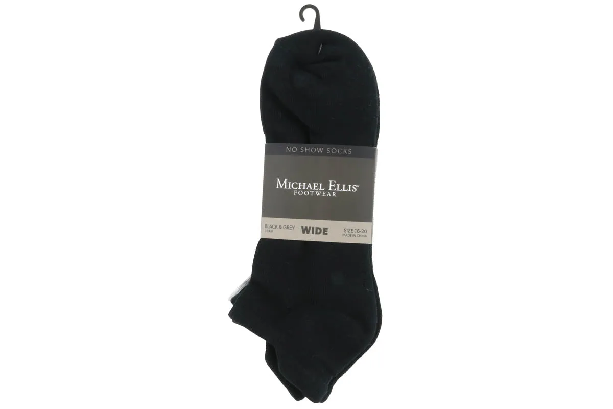 Michael Ellis BIG No Show Socks Black/Grey 3-Pack - Wide On The Move Timeless Footwear