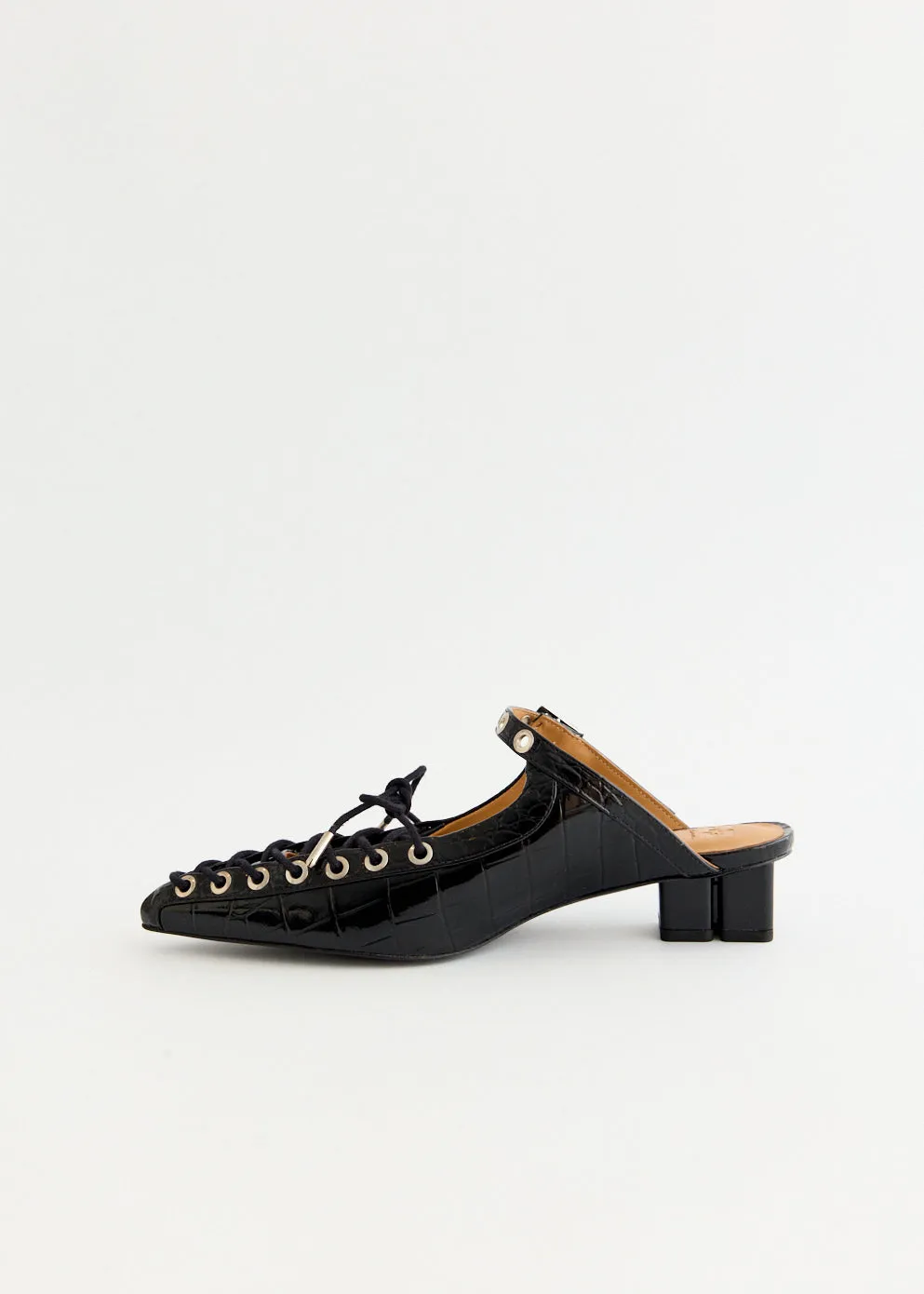 Croco Eyelets Lace Up Mules Date Outfit