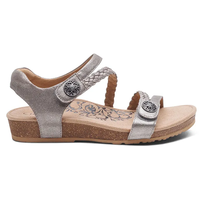 Womens Aetrex Jillian Braided Quarter Strap Sandal in Brushed Silver Flexible Outdoor Shoes Casual Footwear