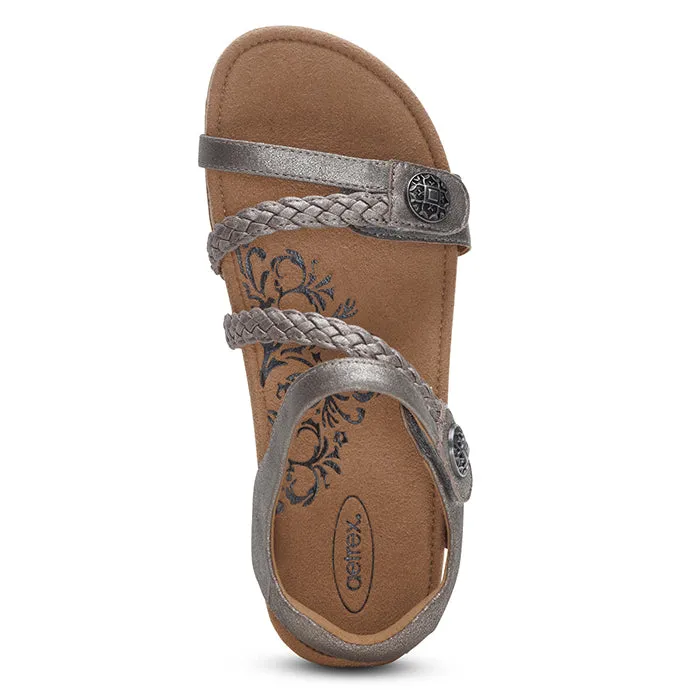 Heel Womens Aetrex Jillian Braided Quarter Strap Sandal in Brushed Silver