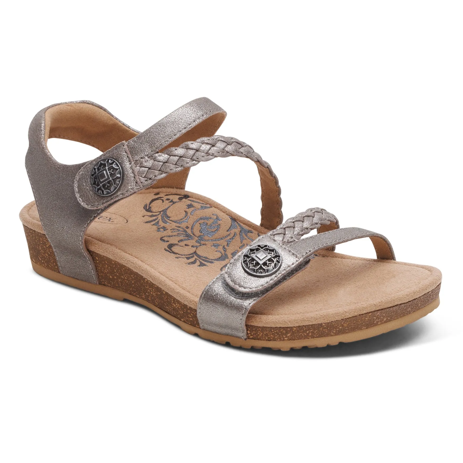 Womens Aetrex Jillian Braided Quarter Strap Sandal in Brushed Silver Urban Walk Walking Fit